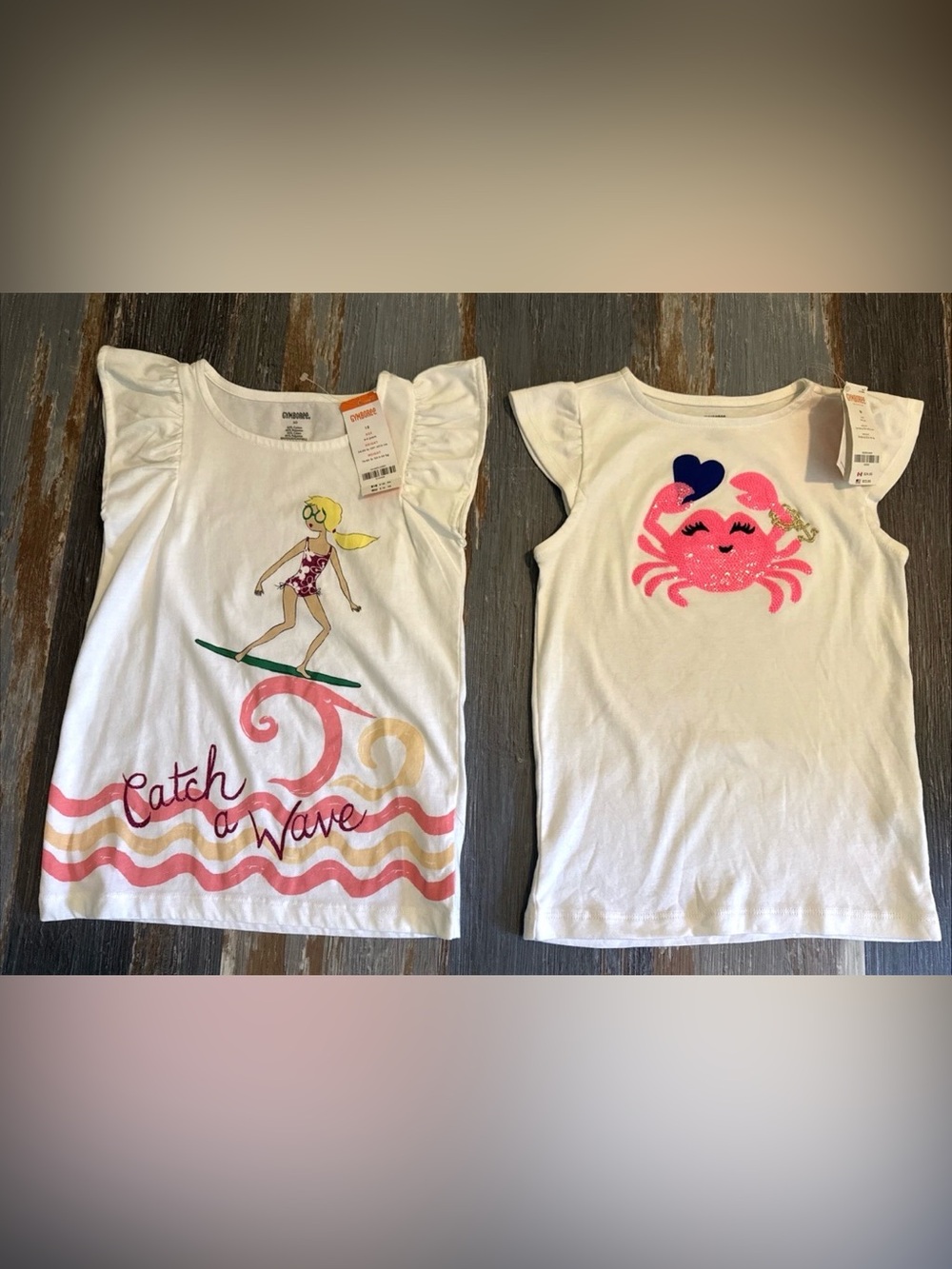 Lot 2 Gymboree Girl's Shirts 10 White Flutter Sleeve Surf Crab Beach Sequin NEW